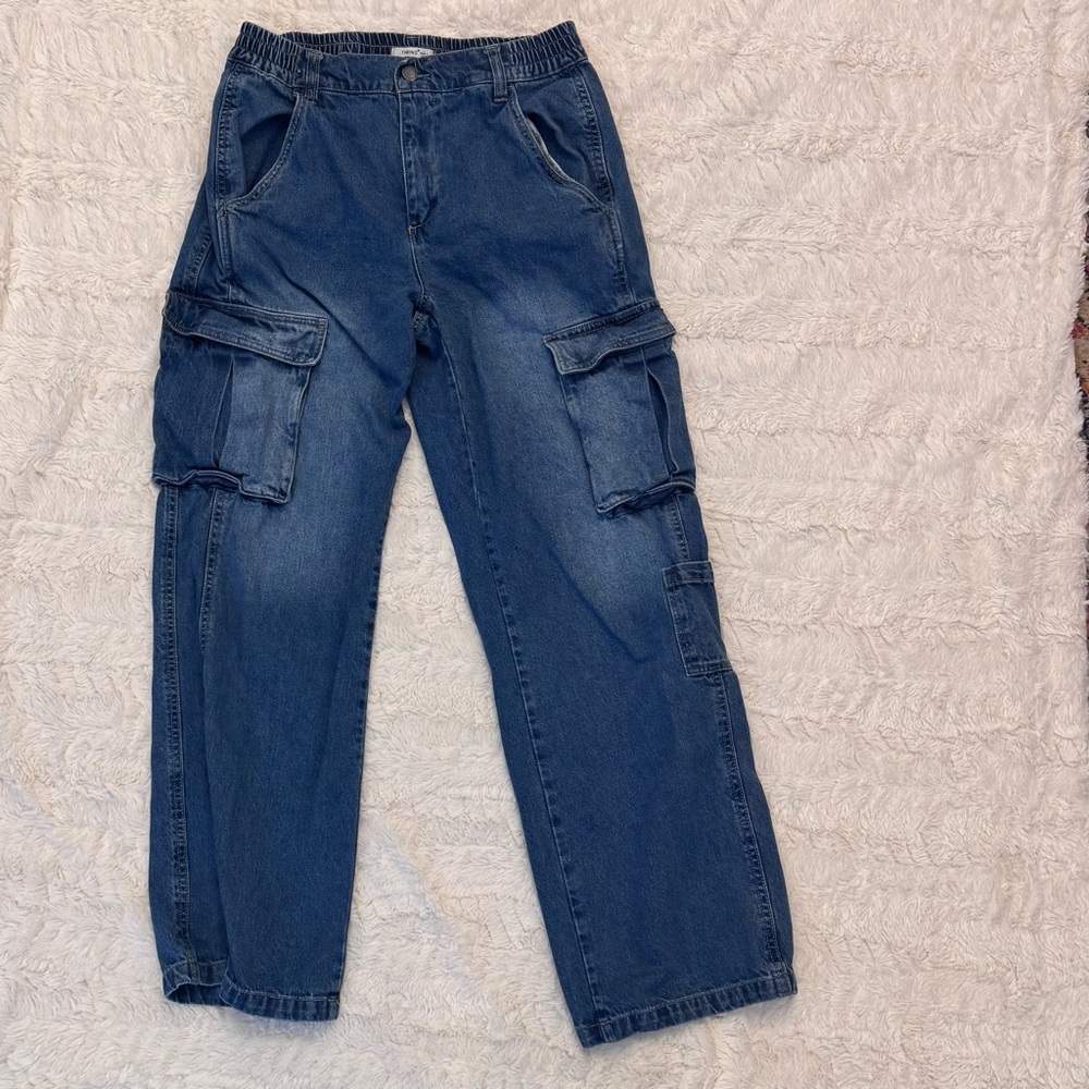 Timing Blue Cargo jeans baggy relaxed fit size large stretch waist high waisted